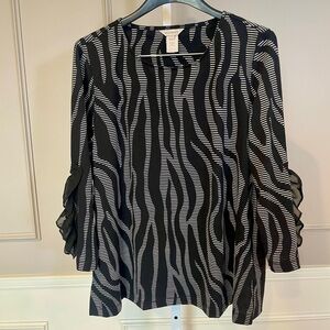 Multiples Large Ruffle Sleeve Black White Zebra Abstract Blouse Shirt Top EUC